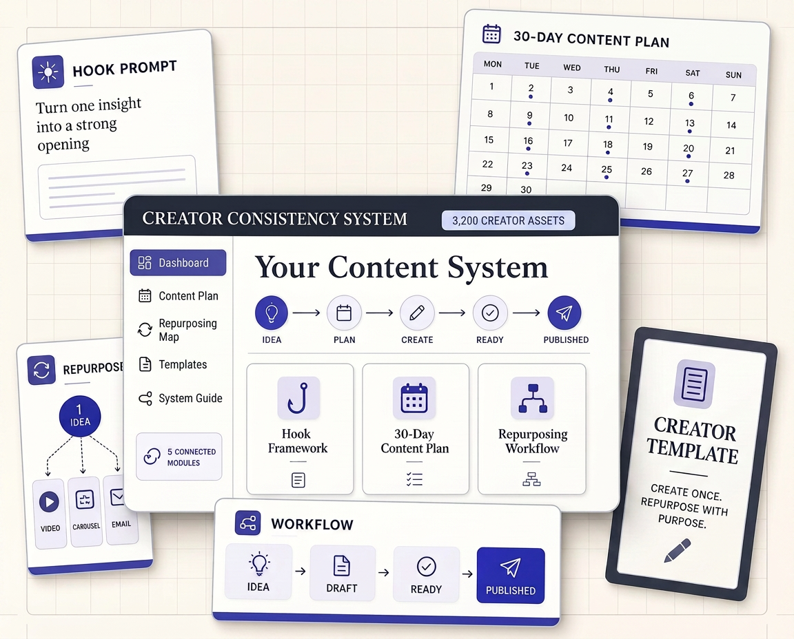 Creator Consistency System with ideas, content plan, repurposing tools, templates and connected publishing workflow
